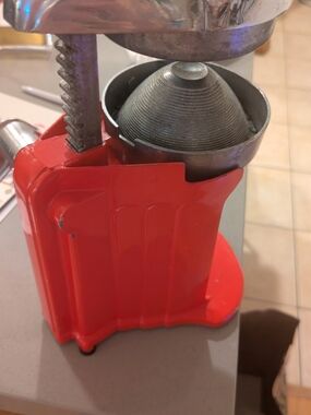 Vintage Juice O Mat Citrus Juicer - Bright Red Metal Hand Press